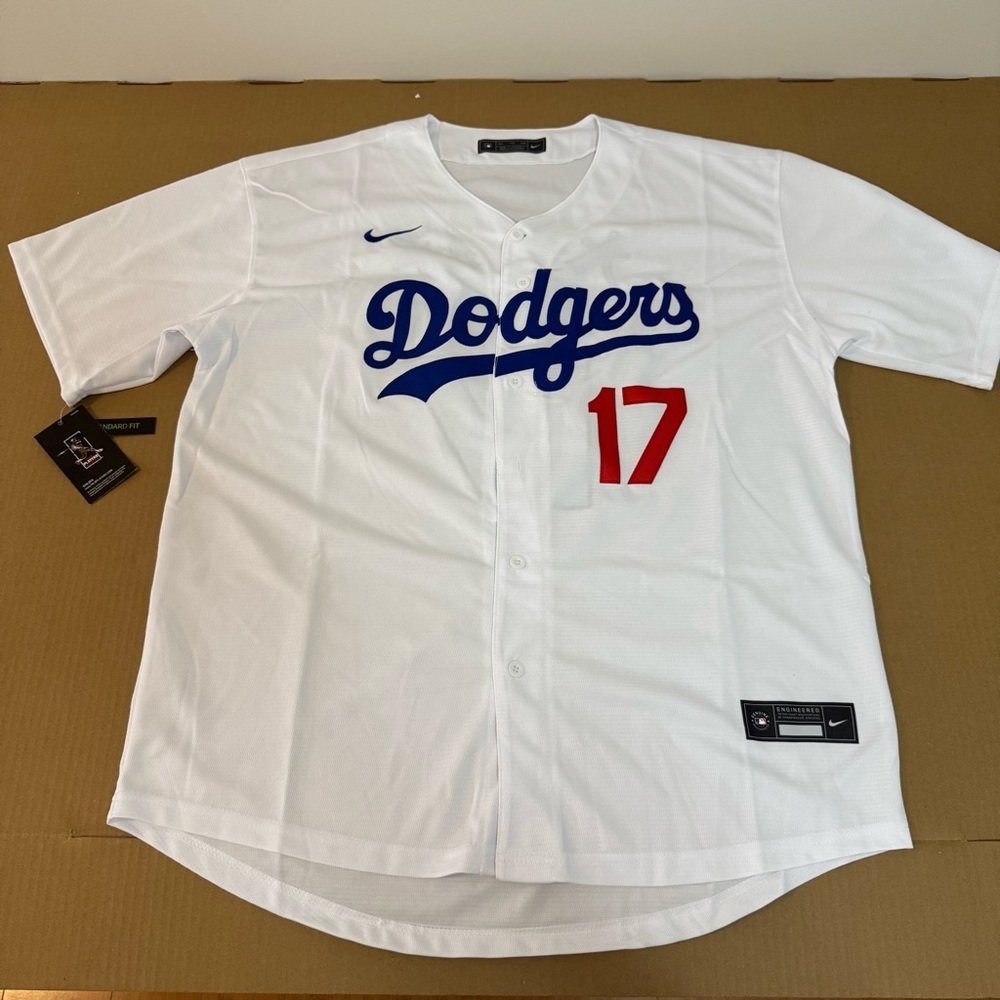 Nike White Dodgers Blue Red #17 Baseball Jersey